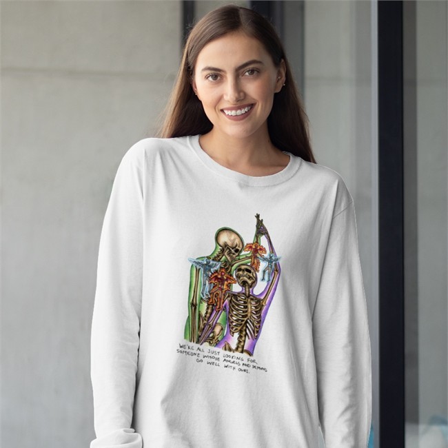 Best Seller We're All Just Looking For Someone Whose Angels And Demons Go Well With Ours Shirt Spiritual Skulls Merch Perfect Match We're All Just Looking For Someone Whose Angels And Demons Go Well With Ours White Shirt Marcos Alvarado