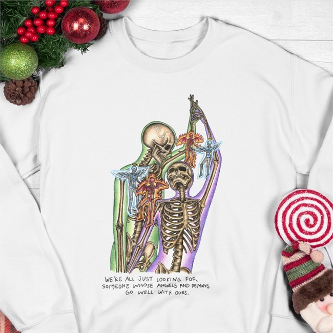 Best Seller We're All Just Looking For Someone Whose Angels And Demons Go Well With Ours Shirt Spiritual Skulls Merch Perfect Match We're All Just Looking For Someone Whose Angels And Demons Go Well With Ours Baseball Sleeve Tee Marcos Alvarado