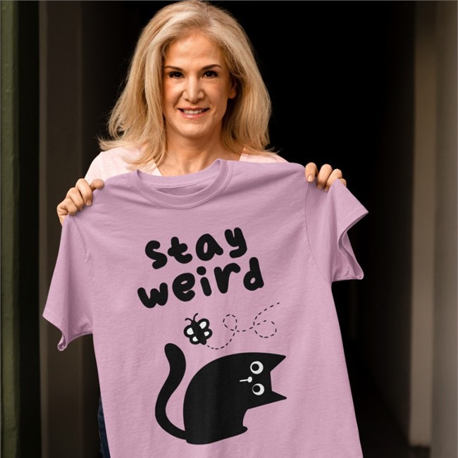 Qwertee Merch Stay Weird Cat Tees