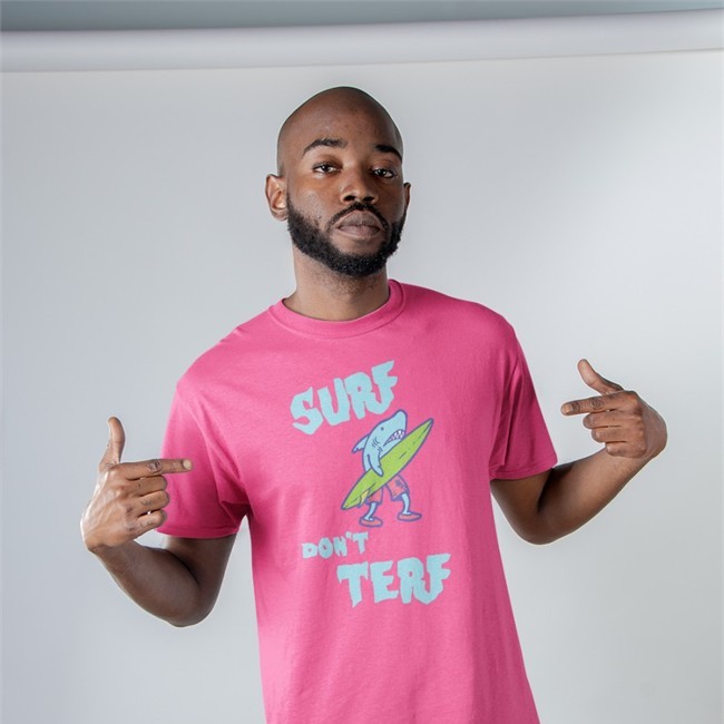 Surf Don’t Terf Shark Illustration Surf Board Surfer Cartoon Image Shirts MortuaryReport Gendereveal